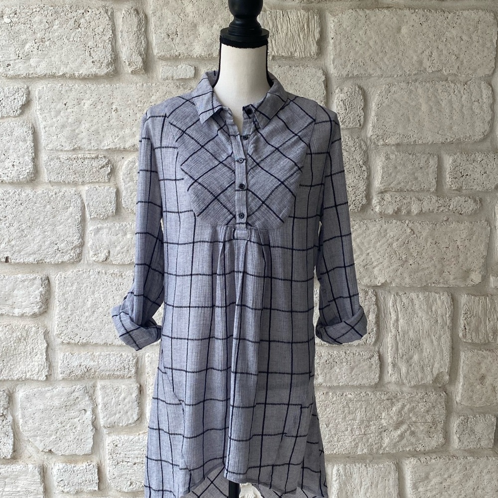 Sundance Gray Black Windowpane Check Dress Hi Low Cotton Tunic Sz Med